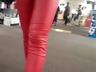 Candid Tight Ass Teen In Red Leather Pants!